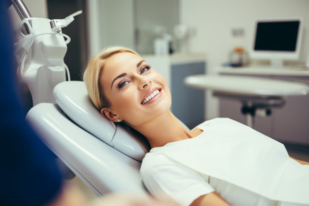 Smiling young female patient looking at camera while lying in dental chairの素材