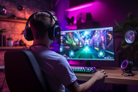 Back view of young man in headphones playing video games at home.の素材