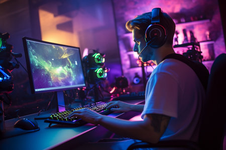 Professional gamer playing online video games on computer in dark room with neon lights.の素材