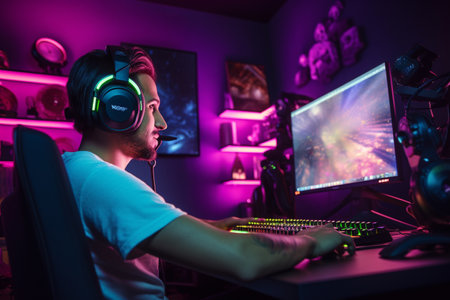 Young man playing video games on computer at home. Neon colors.の素材
