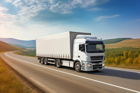 White truck on the highway in the mountains. Transportation and logistics concept.の素材