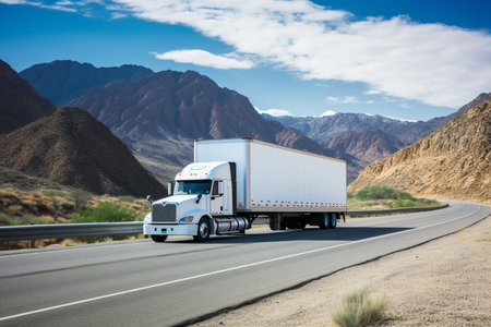White truck on the highway in the mountains. Transportation and logistics concept.の素材
