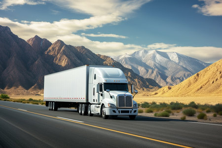 White truck on the highway in the mountains. Transportation and logistics concept.の素材