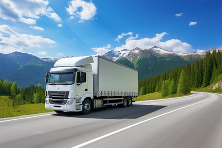 White truck on the highway in the mountains. Transportation and logistics concept.の素材