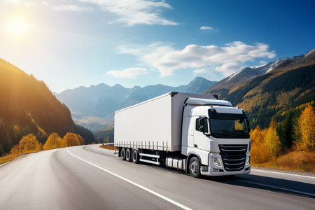 White truck on the highway in the mountains. Transportation and logistics concept.の素材
