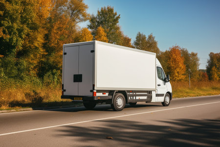 White commercial delivery truck on the road. Side view. Copy space.の素材