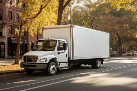 White delivery truck on the street in autumn. 3d rendering.の素材