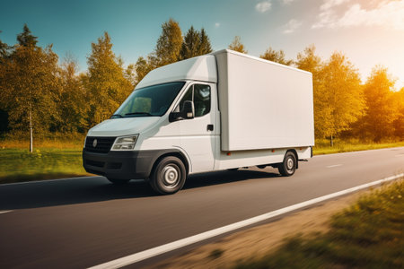 White commercial delivery van on the road. Freight transportation concept.の素材