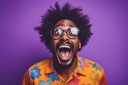 Portrait of a young african american man shouting over purple backgroundの素材