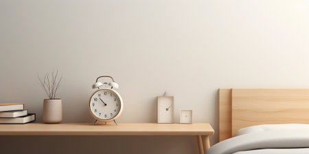 Bedroom interior with alarm clock and books, 3d render.の素材