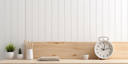 Wooden shelf with books, alarm clock, coffee cup and plant on it. 3D renderingの素材