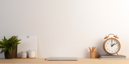 Minimal workspace with laptop, supplies and copy space on wooden table. 3d renderingの素材