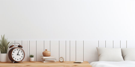 Bedroom interior with alarm clock and books. 3d render illustrationの素材