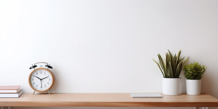Wooden desk with alarm clock and plant on white wall background.の素材