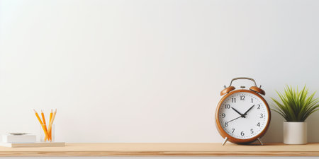 Blank wall mockup with alarm clock and stationery. 3d renderingの素材