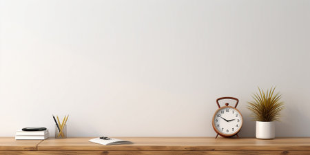 3d rendering of a workspace with an alarm clock and stationeryの素材