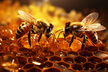 Honey bees and honeycombs on a dark background. Macroの素材