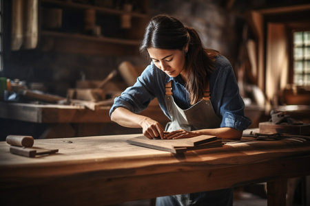 Female carpenter working in her workshop, she is sitting at a wooden table and working with woodの素材