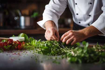 Close-up of a chef cutting fresh herbs on a kitchen counterの素材