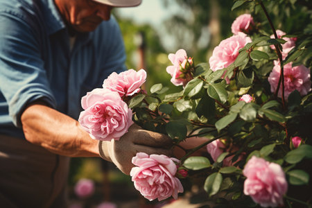 Gardener taking care of roses in the garden. Gardening concept.の素材