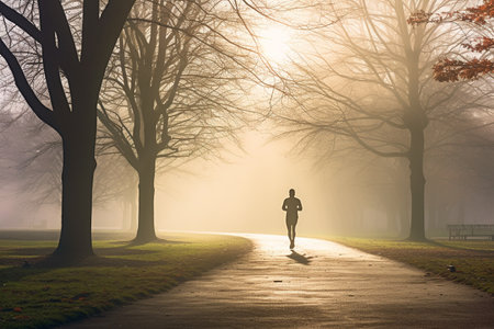 Runner athlete running in a foggy park at sunrise or sunset.の素材