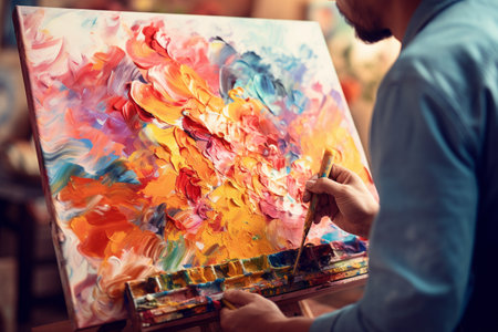 Male artist painting on canvas in his studio. Close-up.の素材