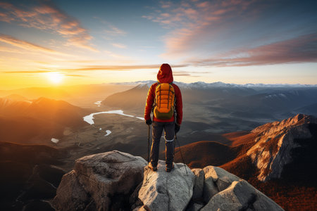 Hiker with backpack standing on the top of the mountain and watching the sunset.の素材