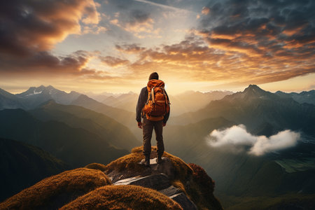 Hiker with backpack standing on the top of the mountain at sunsetの素材