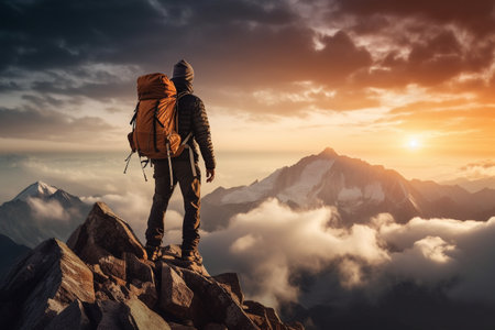 Hiker with backpack standing on top of a mountain and looking at the sunsetの素材