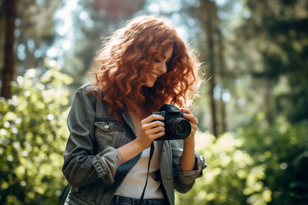 Beautiful young redhead woman with long curly hair taking a photo with a camera in the forest.の素材