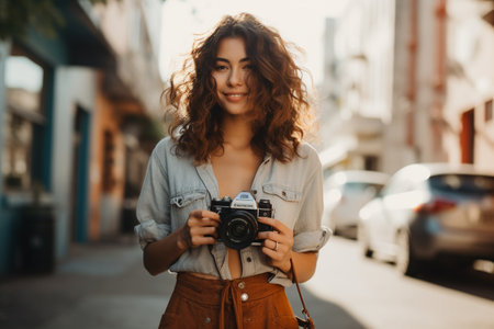 Portrait of a beautiful young woman with curly hair holding a camera and smiling while standing on the streetの素材
