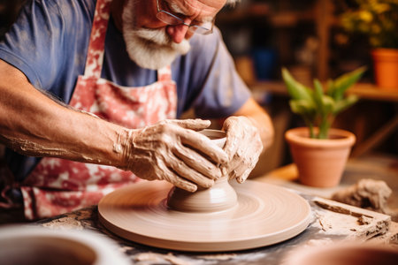 Senior potter working on pottery wheel in his pottery workshopの素材