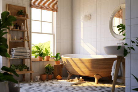 Bathroom interior with bathtub and decorative plants. 3d renderの素材