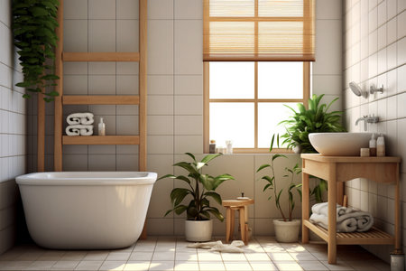 Bathroom interior with bathtub and green plants, 3d renderの素材