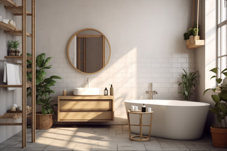 Bathroom interior with white brick walls, tiled floor, comfortable bathtub and round mirror. 3d renderの素材
