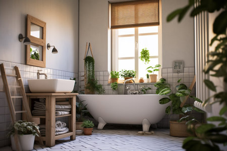 Bathroom interior with bathtub and plants. 3d renderの素材