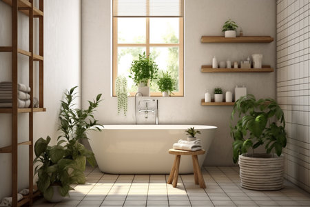 Bathroom interior with a bathtub and plants 3d renderの素材