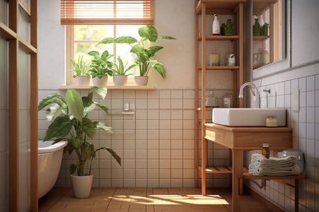 Interior of modern bathroom with bathtub and plants. 3d renderの素材