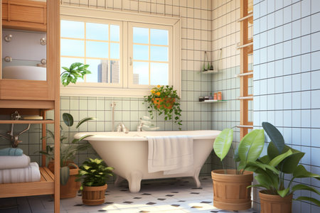 Bathroom interior. 3D rendering. Bathroom with plants.の素材