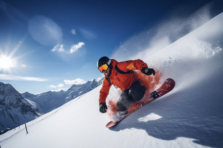 Snowboarder jumping on snow in high mountains. Extreme winter sport.の素材
