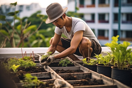 Young asian man planting seedlings in the garden at home.の素材
