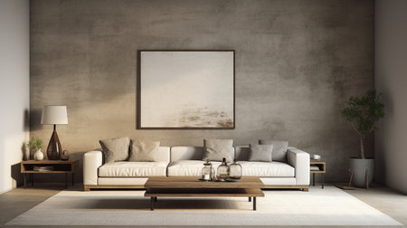 Modern living room interior design with white sofa, coffee table and blank poster on wall. 3D Renderingの素材