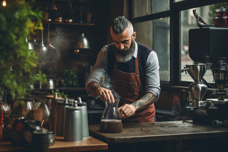 Barista preparing coffee. Bearded man in apron pouring coffee from a coffee grinder into a cup.の素材