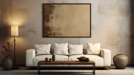 Interior of modern living room with white sofa, coffee table and empty poster on wall. Mock up, 3D Renderingの素材