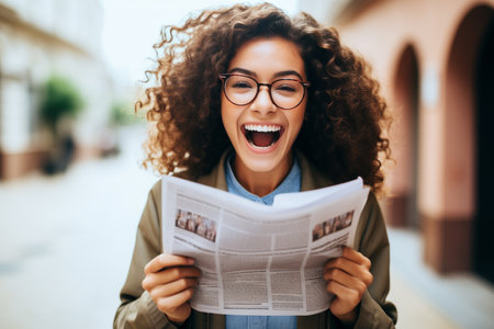 Cheerful young woman in eyeglasses reading newspaper and laughingの素材