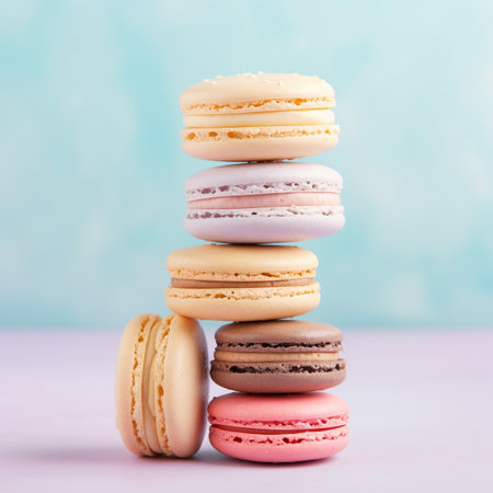Colorful macaroons on pastel blue background. Square imageの素材