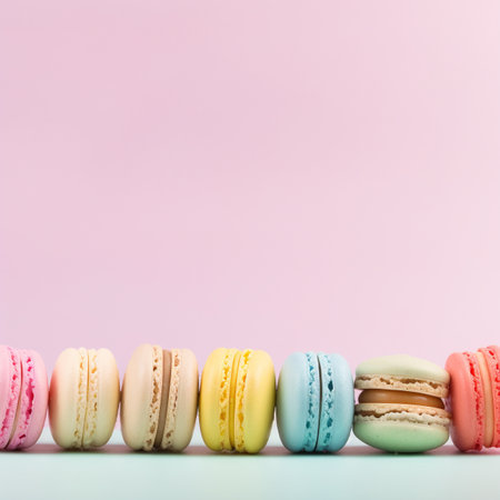 Colorful macaroons on pastel pink background, copy spaceの素材