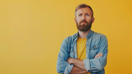 Portrait of a bearded man in a denim jacket on a yellow background.の素材