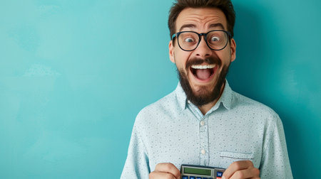 Funny young man with glasses and a beard is holding a calculator on a blue backgroundの素材