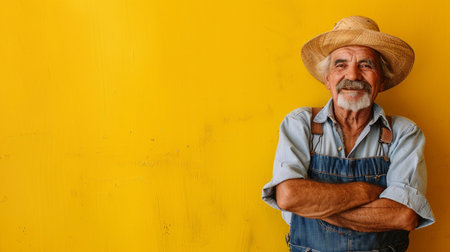 Portrait of senior farmer standing with arms crossed against yellow wall.の素材